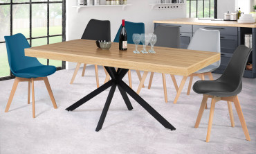 Table repas pieds spider 160cm bois/noir + 6 chaises Suedia noires