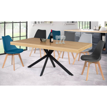 Table repas pieds spider 160cm bois/noir + 6 chaises Suedia noires