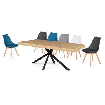 Table repas pieds spider 160cm bois/noir + 6 chaises Suedia noires