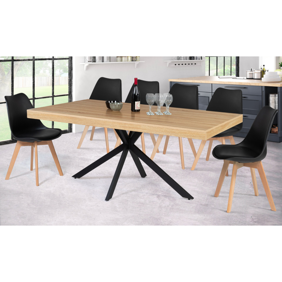 Table repas pieds spider 160cm bois/noir + 6 chaises Suedia multicolores