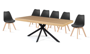 Table repas pieds spider 160cm bois/noir + 6 chaises Suedia multicolores