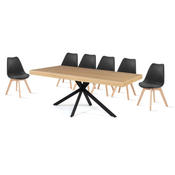 Table repas pieds spider 160cm bois/noir + 6 chaises Suedia multicolores