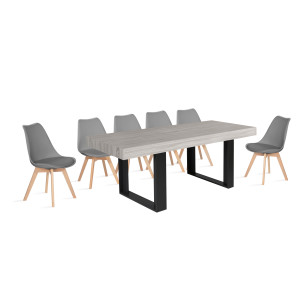 Table à manger extensible Brixton 160-200cm bois et gris + 6 chaises Suedia gris clair