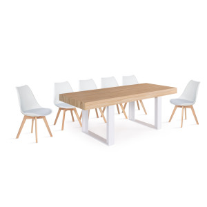 Table à manger extensible Brixton 160-200cm pieds blanc + 6 chaises Suedia blanches