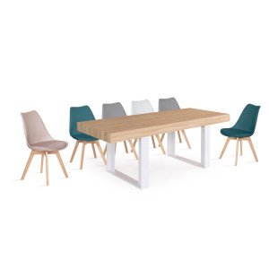 Table à manger extensible Brixton 160-200cm pieds blanc + 6 chaises Suedia multicouleurs