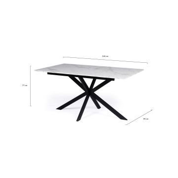 Table repas extensible Glam 160-200cm plateau effet marbre et pieds croisés