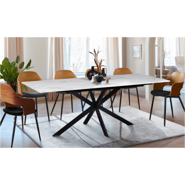 Table repas extensible Glam 160-200cm plateau effet marbre et pieds croisés