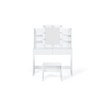 Coiffeuse Zélia blanche avec étagères, miroir LED + tabouret