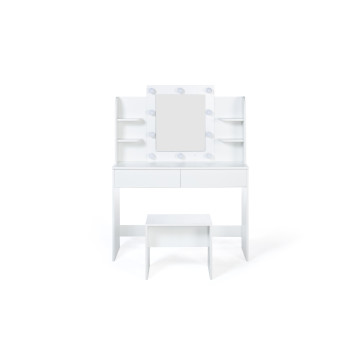 Coiffeuse Zélia blanche avec étagères, miroir LED + tabouret