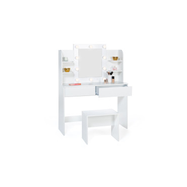 Coiffeuse Zélia blanche avec étagères, miroir LED + tabouret