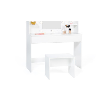 Coiffeuse Zélia blanche avec étagères, miroir LED + tabouret