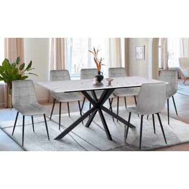 Ensemble repas table Glam effet marbre et 6 chaises Linda velours gris clair