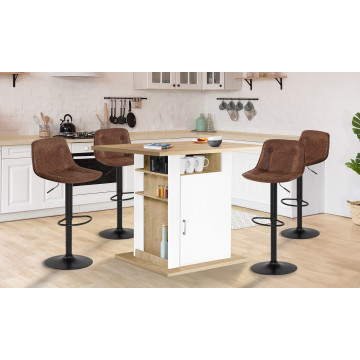 Ilot central de cuisine Théo L110cm bois et blanc avec rangements + 4 tabourets de bar Brooklyn marron