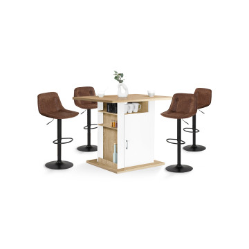 Ilot central de cuisine Théo L110cm bois et blanc avec rangements + 4 tabourets de bar Brooklyn marron