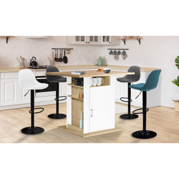 Ilot central de cuisine Théo L110cm bois et blanc avec rangements + 4 tabourets de bar Karl multicolores