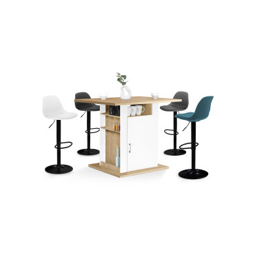 Ilot central de cuisine Théo L110cm bois et blanc avec rangements + 4 tabourets de bar Karl multicolores