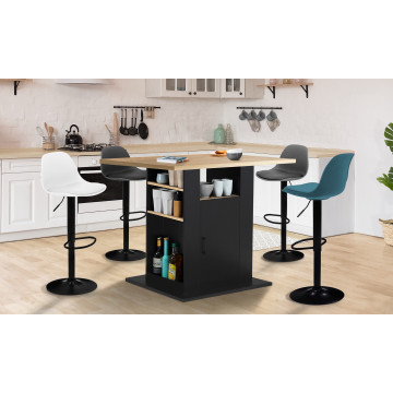 Ilot central de cuisine Théo L110cm bois et noir avec rangements + 4 tabourets de bar Karl multicolores