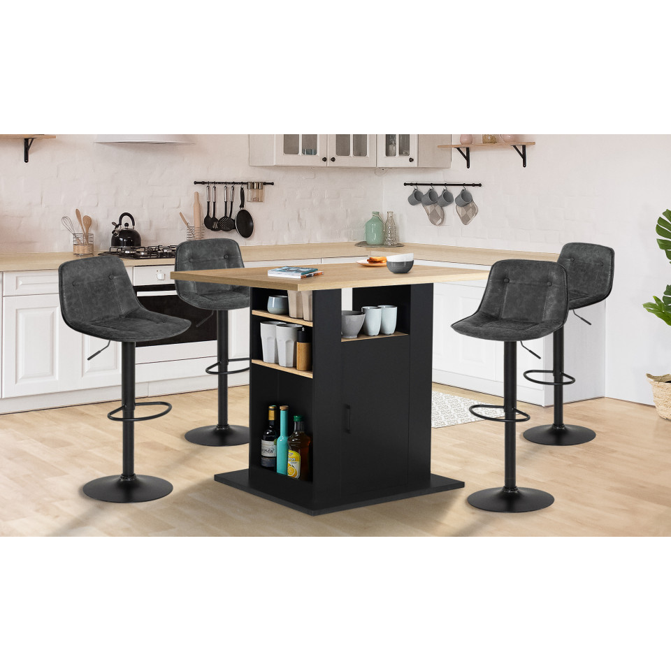 Ilot central de cuisine Théo L110cm bois et noir avec rangements + 4 tabourets de bar Brooklyn gris