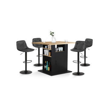 Ilot central de cuisine Théo L110cm bois et noir avec rangements + 4 tabourets de bar Brooklyn gris