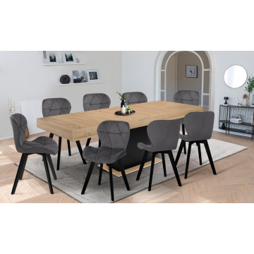 Ensemble repas table extensible Tania bois et noir et 8 chaises Daisy velours noir