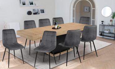 Ensemble repas table extensible Tania bois et noir et 8 chaises Linda velours gris