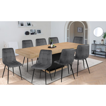 Ensemble repas table extensible Tania bois et noir et 8 chaises Linda velours gris