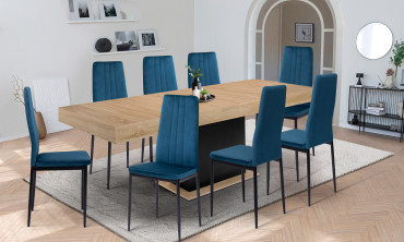 Ensemble repas table extensible Tania bois et noir et 8 chaises Jade velours bleu