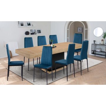 Ensemble repas table extensible Tania bois et noir et 8 chaises Jade velours bleu