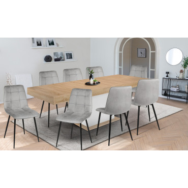 Ensemble repas table extensible Tania bois et blanc et 8 chaises Linda velours gris clair