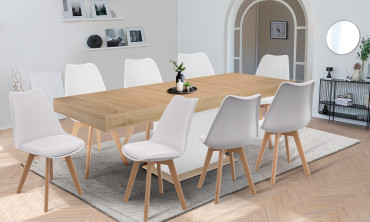Ensemble repas table extensible Tania bois et blanc et 8 chaises Suedia blanches