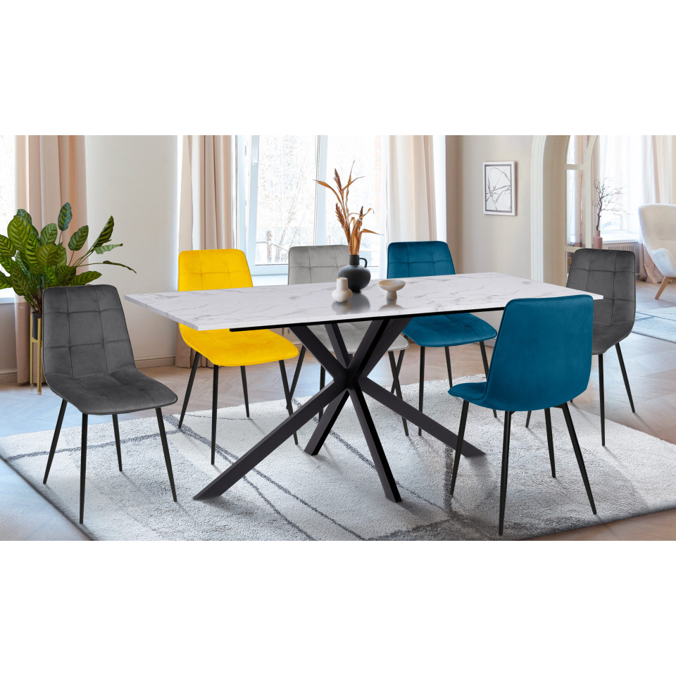 Ensemble repas table Glam effet marbre et 6 chaises Linda velours multicolore