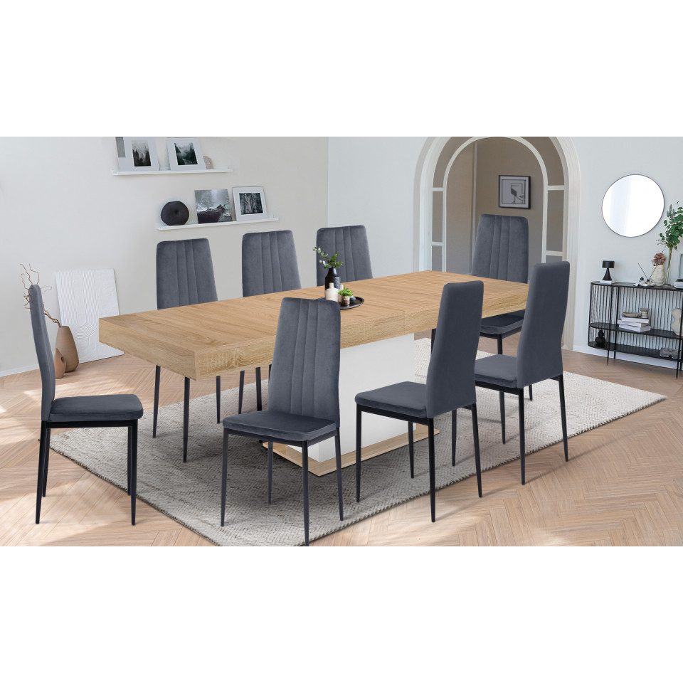 Ensemble repas table extensible Tania bois et blanc et 8 chaises Jade velours gris