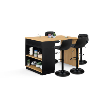 Ilot central de cuisine Marius L130cm bois et noir avec rangements + 4 tabourets de bar Brooklyn noirs