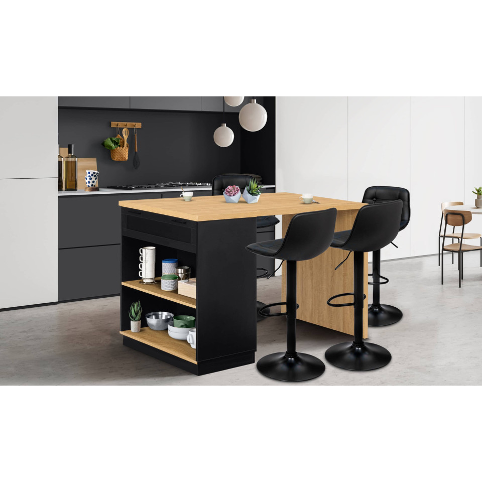 Ilot central de cuisine Marius L130cm bois et noir avec rangements + 4 tabourets de bar Brooklyn noirs