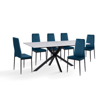 Ensemble repas table Glam effet marbre et 6 chaises Jade velours bleu