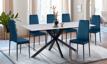 Ensemble repas table Glam effet marbre et 6 chaises Jade velours bleu