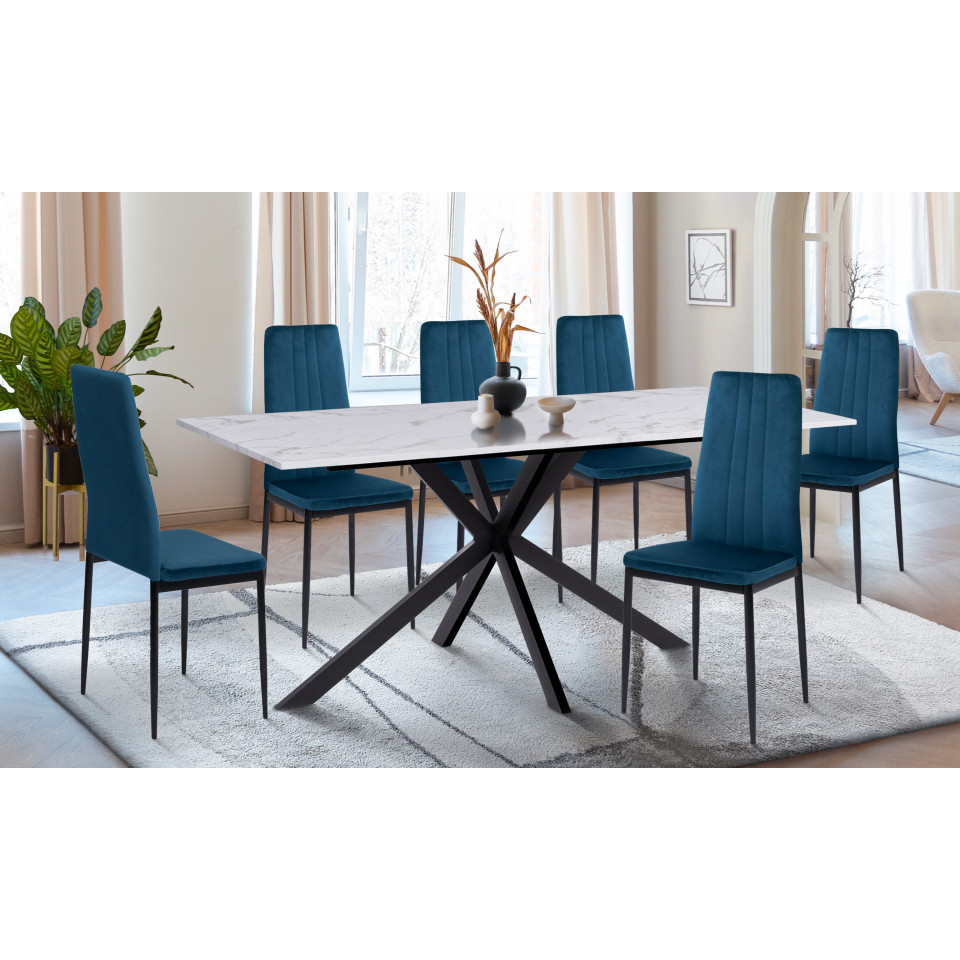 Ensemble repas table Glam effet marbre et 6 chaises Jade velours bleu