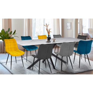 Ensemble repas table extensible Glam effet marbre et 8 chaises Melinda velours multicolore