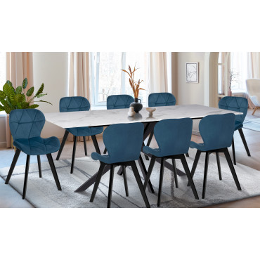 Ensemble repas table extensible Glam effet marbre et 8 chaises Daisy velours bleu