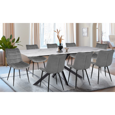 Ensemble repas table extensible Glam effet marbre et 8 chaises Melinda velours gris