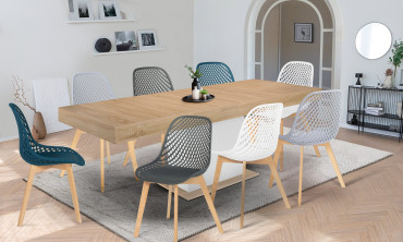 Ensemble repas table extensible Tania bois et blanc et 8 chaises Maëlle multicolores