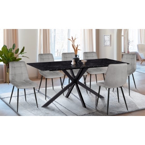 Ensemble repas table repas Glam 160cm plateau effet marbre noir et pieds croisés noirs + 6 chaises Linda velours gris