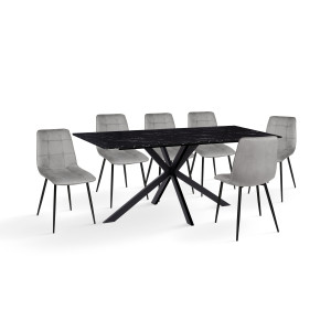 Ensemble repas table repas Glam 160cm plateau effet marbre noir et pieds croisés noirs + 6 chaises Linda velours gris