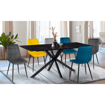 Ensemble repas table repas Glam 160cm plateau effet marbre noir et pieds croisés noirs + 6 chaises Linda velours multicolore