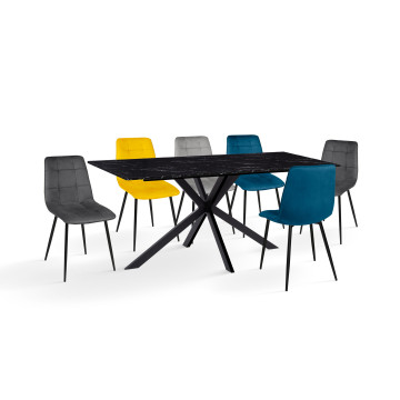 Ensemble repas table repas Glam 160cm plateau effet marbre noir et pieds croisés noirs + 6 chaises Linda velours multicolore