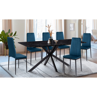 Ensemble repas table Glam effet marbre noir et 6 chaises Jade velours bleu