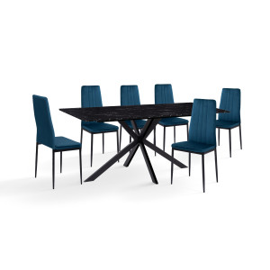 Ensemble repas table Glam effet marbre noir et 6 chaises Jade velours bleu