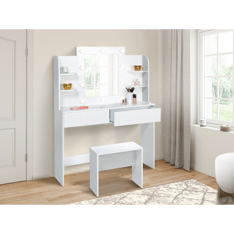 Coiffeuse Zélia blanche avec étagères, miroir LED + tabouret