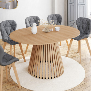 Tables repas Camélia plateau rond extensible 110-150cm et pieds lattes