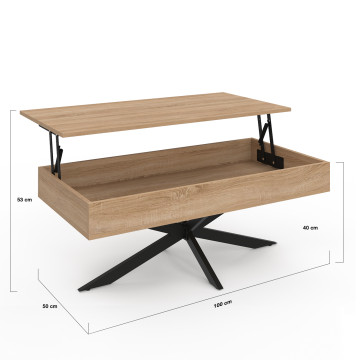 Table basse Spider avec plateau relevable bois et pieds croisés noir L100cm